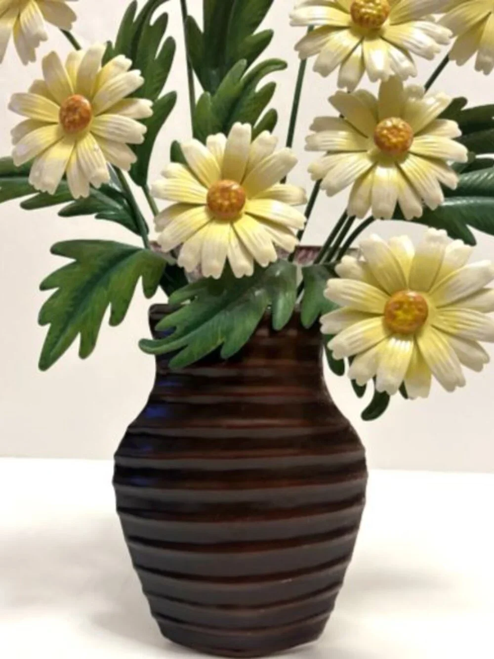 Metal Wall Art Sculpture 3D Daisy Yellow Flowers in Ribbed Vase 18.5